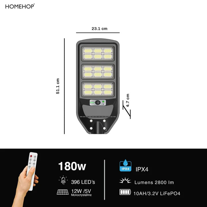 Solar Street Light Automatic 180W Motion Sensor Light with Remote Control for Home and Outdoor