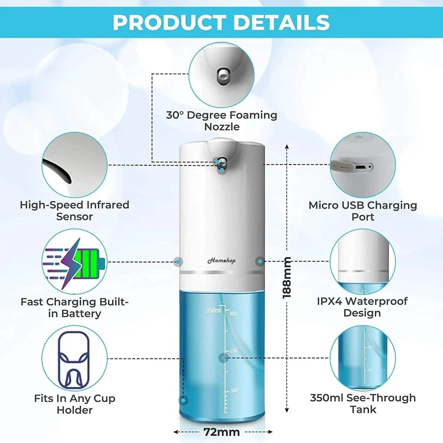 USB Rechargeable Automatic Sensor Liquid Hand Wash Foam Soap Dispenser 350ml - HOMEHOP®