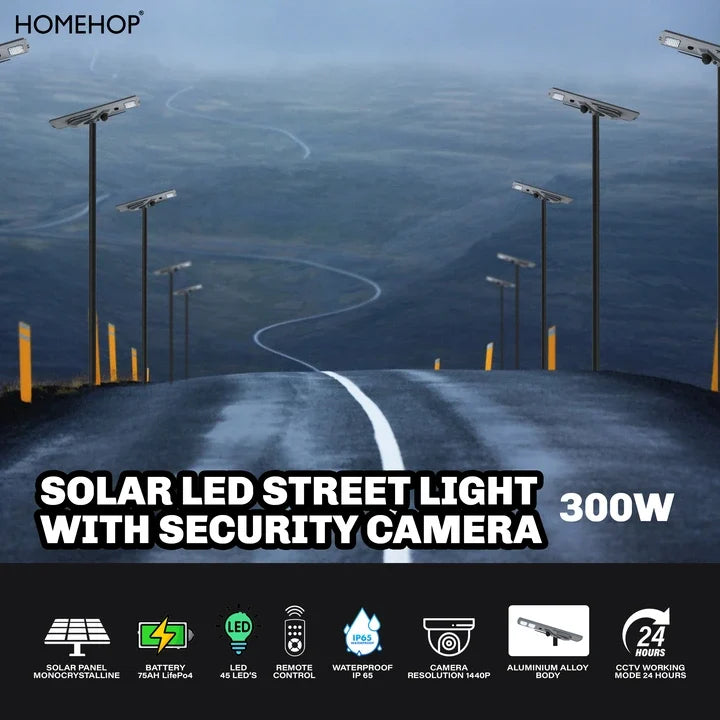 Exterior Street Solar Lights With Motion Sensor cctv Camera Led Post 300W Lamps for Home, Garden and Outdoor