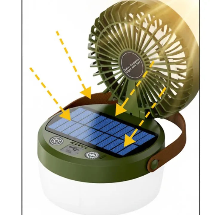Solar Fan Camping Light Led with USB and Portable and Mobile Charger Lamp for Home, Tent and Indoor Use