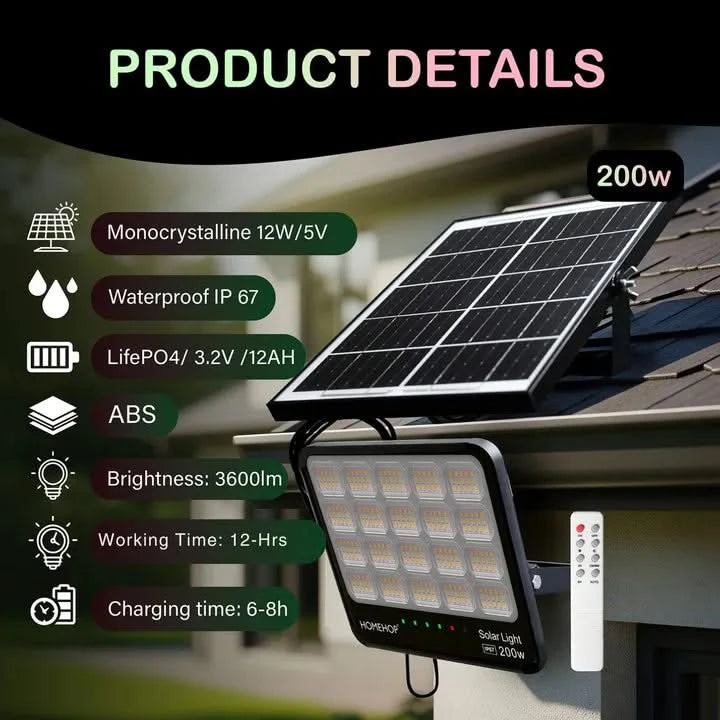 Solar Flood Lights 200W Automatic LED Wall Lamp Waterproof for Outdoor (Renewed)