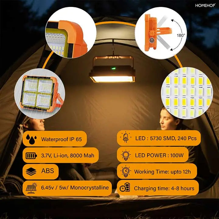 Solar Portable 100W Rechargeable Led Light For Home, Garden, Outdoor And Indoor