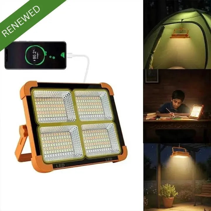 Solar Powered 100W Portable Rechargeable LED Light for Home and Garden (Renewed)