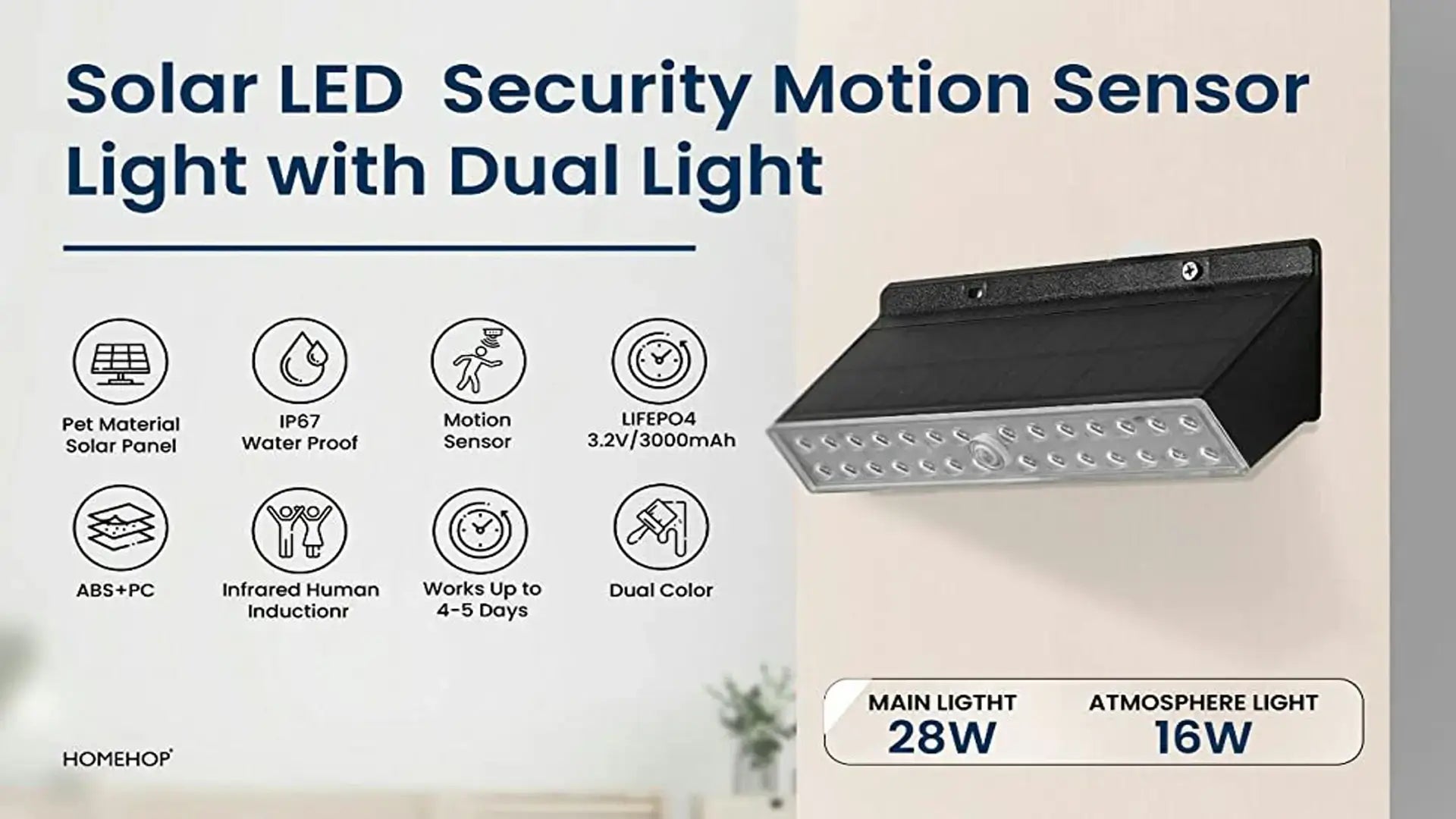 Solar sensor wall light for outdoor security lamp with motion sensor