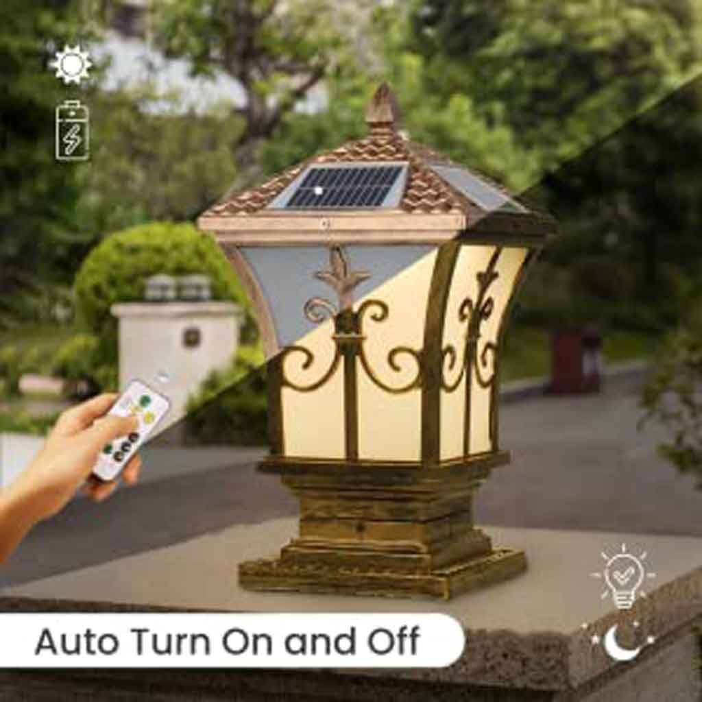 solar outdoor decorative lantern with remote control, auto turn on/off, dusk to dawn